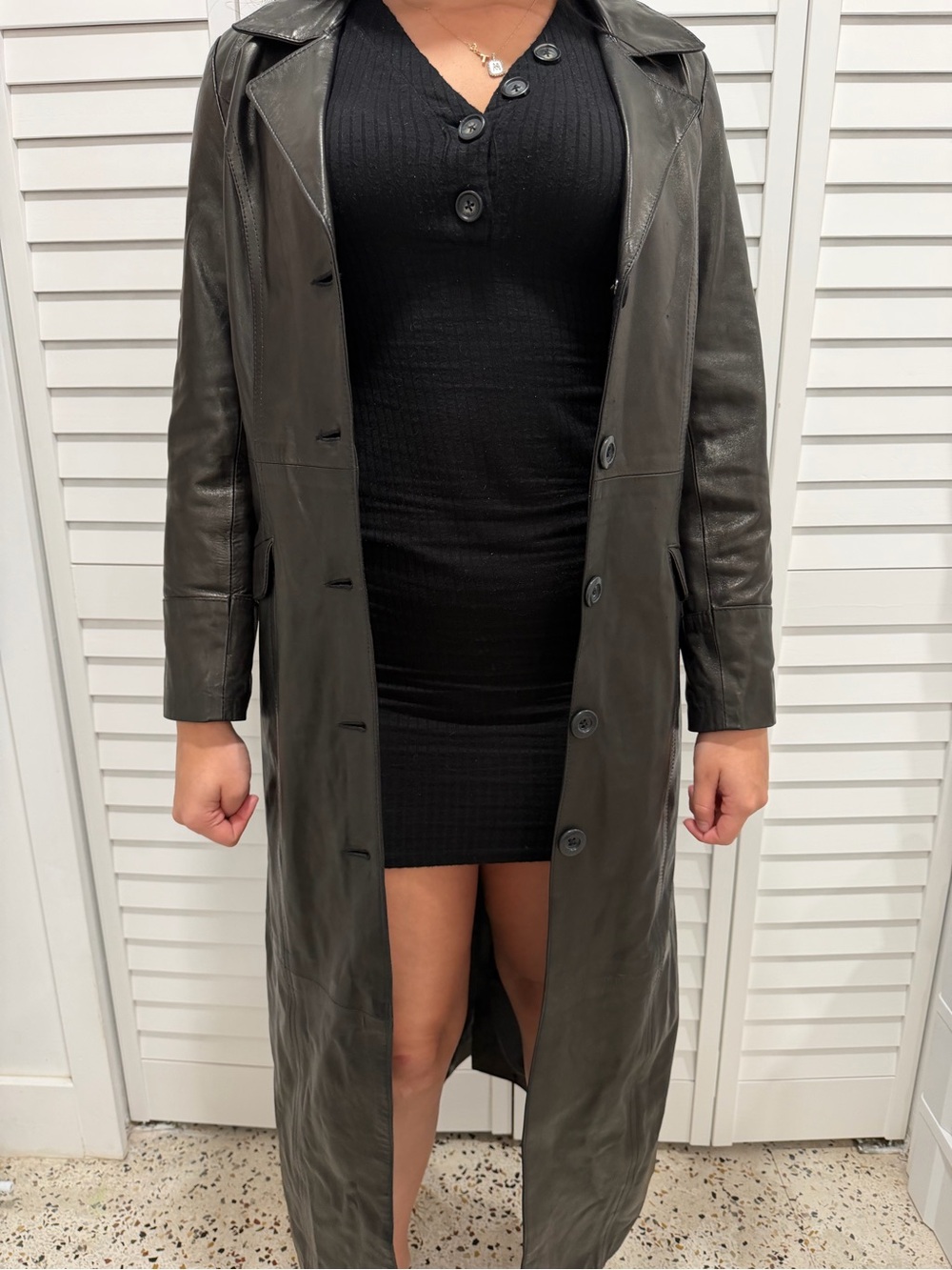 Long Leather Trench Coat - Black